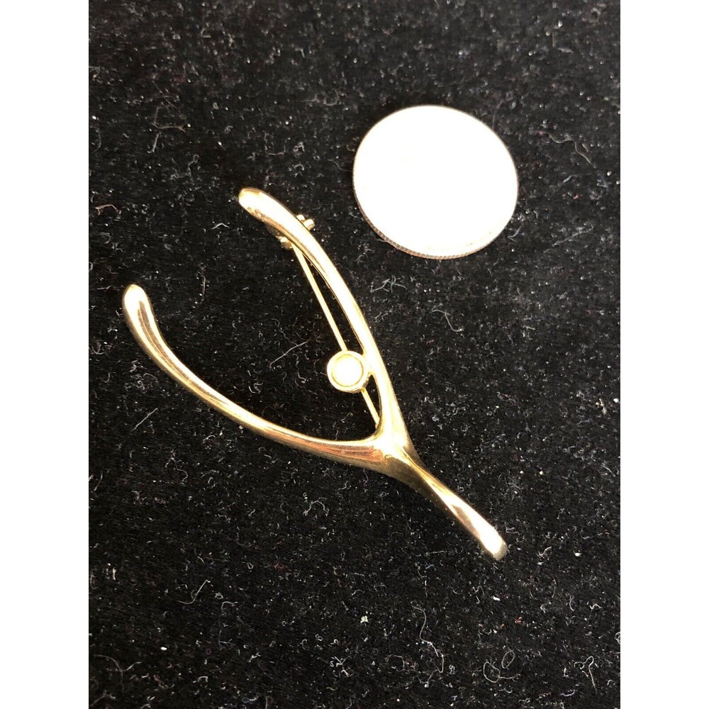 VINTAGE Gold Tone With Faux Pearl Wishbone Pin Brooch